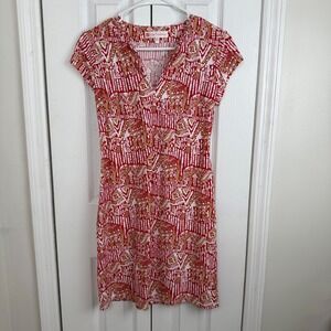 Jude Connally Ella Shift Dress Womens Sz XS Red Beige Ivory Elephant Cap Sleeve